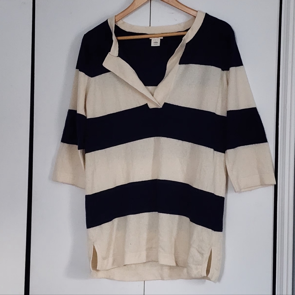Demylee Cashmere Striped Navy and Cream V-Neck Top